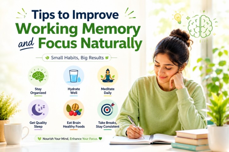 Improve Working Memory and Focus Naturally infographic showing healthy habits such as mindfulness, hydration, exercise, quality sleep, brain-boosting foods, and organization to support memory and concentration.