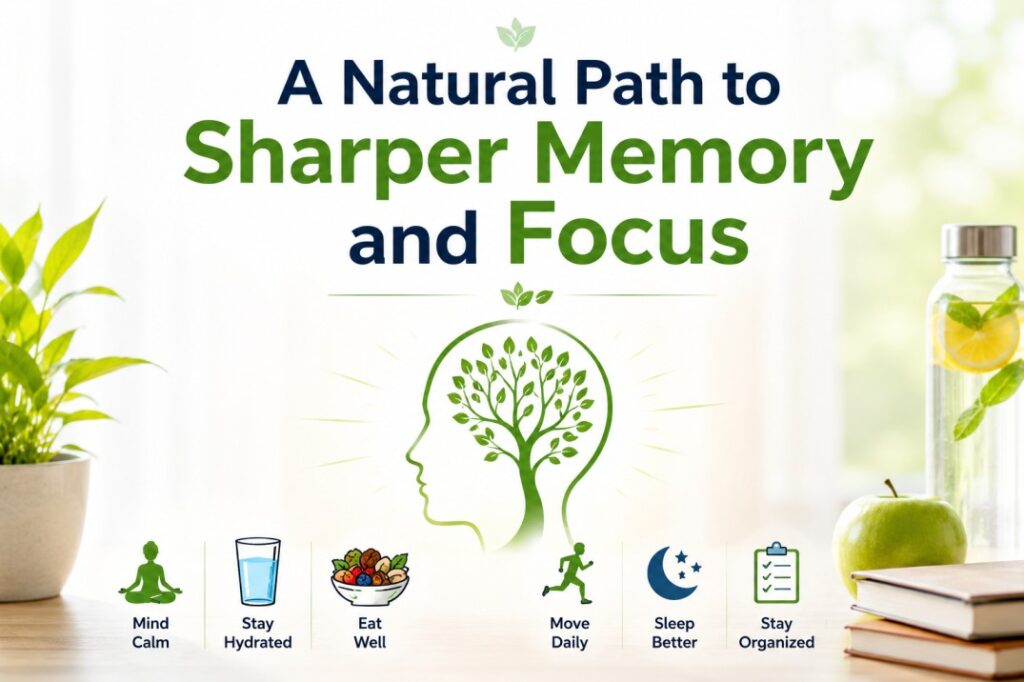 Improve Working Memory and Focus Naturally illustration featuring healthy lifestyle habits including mindfulness, hydration, nutritious foods, daily movement, quality sleep, and organization to support memory and concentration.