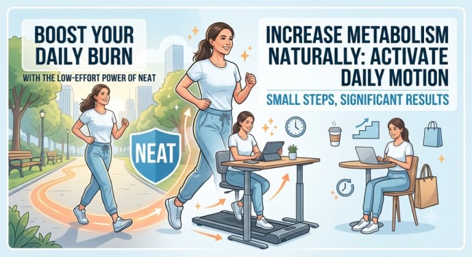 A comprehensive, light-background infographic illustrating how to increase metabolism naturally by activating daily motion and the low-effort power of NEAT (Non-Exercise Activity Thermogenesis).