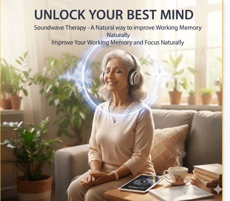 Senior woman experiencing soundwave therapy to improve your working memory and focus naturally