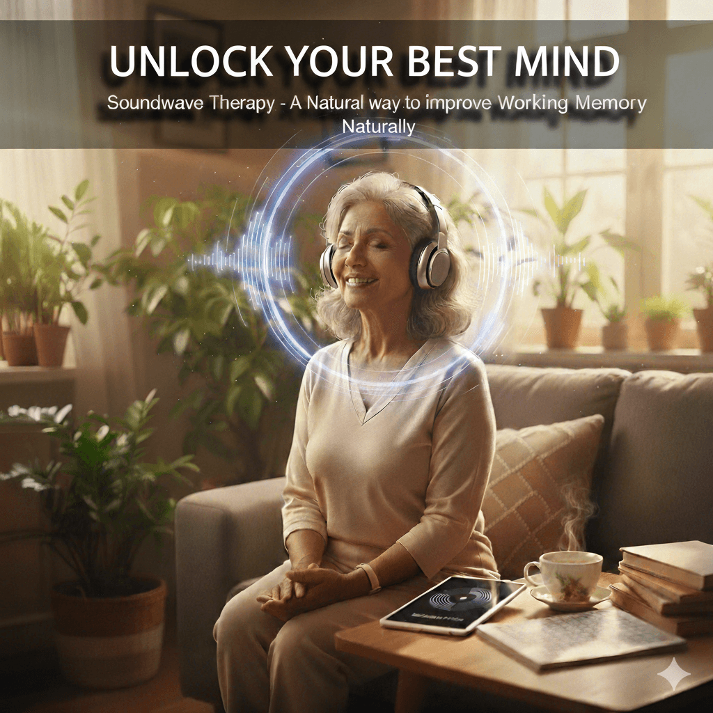 A senior woman calmly listening to soundwave therapy with headphones in a bright, peaceful living room. This image symbolizes effective, natural methods to improve working memory and focus naturally, highlighting relaxation and cognitive enhancement for seniors.