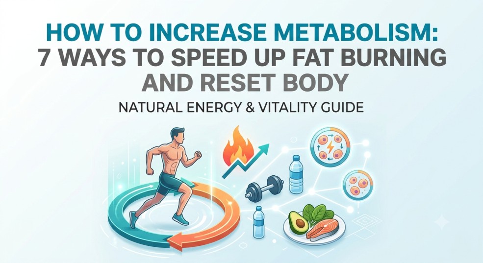 A clean, light-background infographic for the guide on How to Increase Metabolism, featuring an illustration of a running man and core health symbols for fat burning.