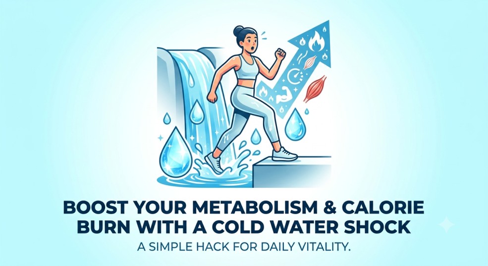 An illustrative infographic showcasing how to increase metabolism and boost calorie burn through a cold water shock method on a clean, light background.