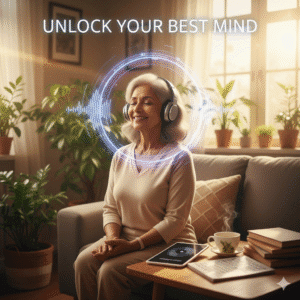 A senior woman calmly listening to soundwave therapy with headphones in a bright, peaceful living room. This image symbolizes effective, natural methods to improve working memory and focus, highlighting relaxation and cognitive enhancement for seniors.