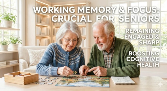 An elderly couple solving a puzzle together to improve working memory and focus naturally while boosting their cognitive health.