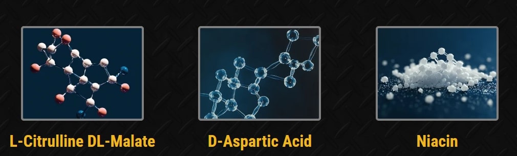 Molecular structures of key Nitric Oxide Supplements ingredients: L-Citrulline DL-Malate, D-Aspartic Acid, and Niacin for blood flow and energy