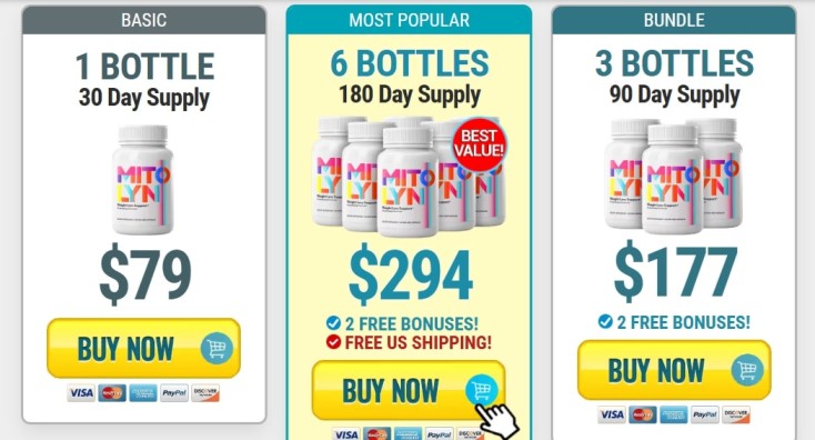 Pricing options for Mitolyn Supplement including 1 bottle basic, 6 bottles best value, and 3 bottles bundle with free bonuses and shipping
