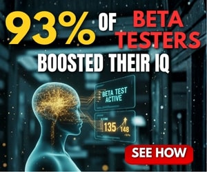 A futuristic depiction of a human head with glowing brain activity, showing an interface with "BETA TEST ACTIVE" and IQ scores, alongside text stating "93% of Beta Testers Boosted Their IQ," related to Neuro Energizer.