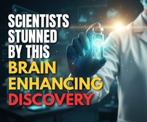 A scientist in a lab coat holding a glowing brain-shaped vial, with text saying "SCIENTISTS STUNNED BY THIS BRAIN ENHANCING DISCOVERY," implying a breakthrough related to Neuro Energizer.