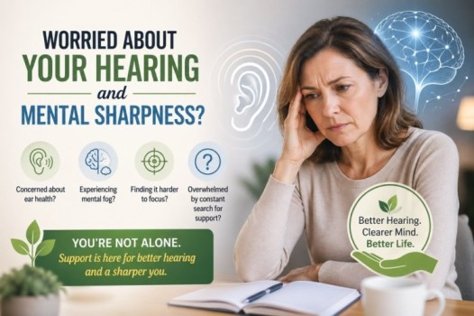 Audifort Review – Woman struggling with hearing issues and mental fog, concept of ear health support and improved focus
