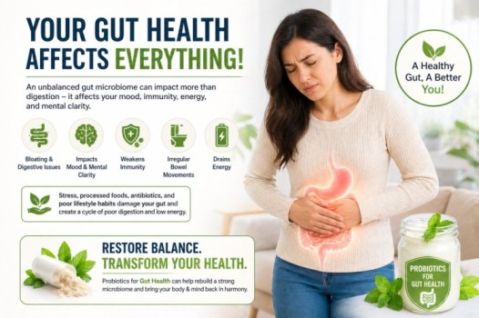 Probiotics for gut health – woman experiencing bloating and digestive discomfort, highlighting impact of poor gut microbiome and need for balance