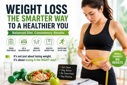 Balanced Diet for Weight Loss infographic showing healthy eating, meal tracking, and belly fat reduction for effective results