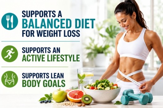 Balanced Diet for Weight Loss concept featuring a healthy woman measuring her waist alongside nutritious foods and fitness equipment, representing healthy weight management and an active lifestyle.