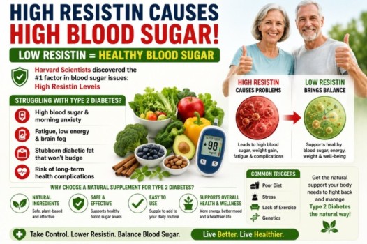 natural supplement for Type 2 Diabetes image showing healthy blood sugar support, resistin balance, energy improvement, diabetes wellness, and natural glucose management support