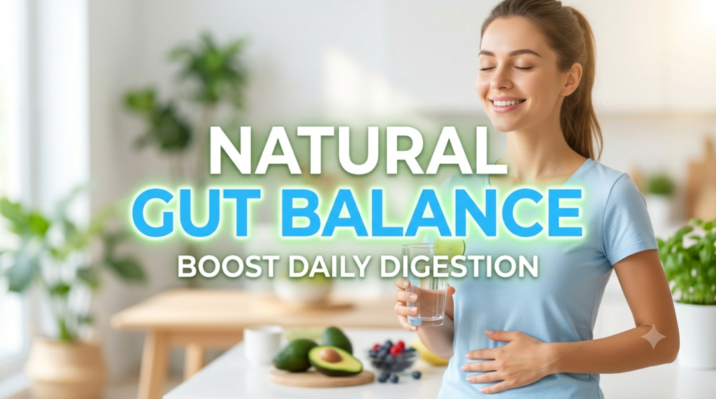 A healthy woman drinking water in a bright kitchen with large text reading Natural Gut Balance, highlighting probiotics for gut health and daily digestion.