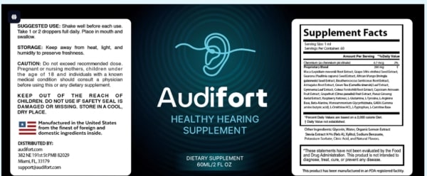Audifort Review-Audifort Supplement Facts label showing dosage, proprietary blend, and full ingredients list for an honest 