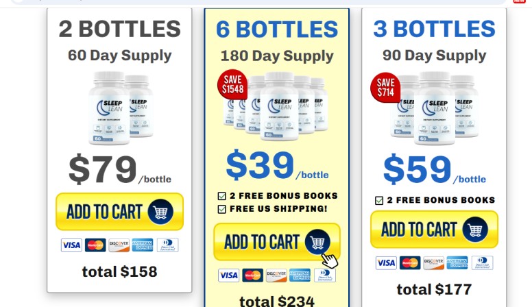 SleepLean pricing chart showing 2, 3, and 6 bottle bundles with discounts, bonuses, and best-value option for losing weight while sleeping.