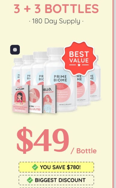 PrimeBiome Review – best value 3+3 bottle bundle offer of PrimeBiome supplement