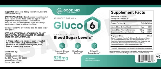 Gluco6 Supplement Facts label showing dosage and ingredients like Chromium and Cinnamon for how to lower blood sugar naturally.