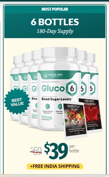 Gluco6 6 Bottles Best Value package with price $39 and free bonus, showing the cheapest way how to lower blood sugar naturally.