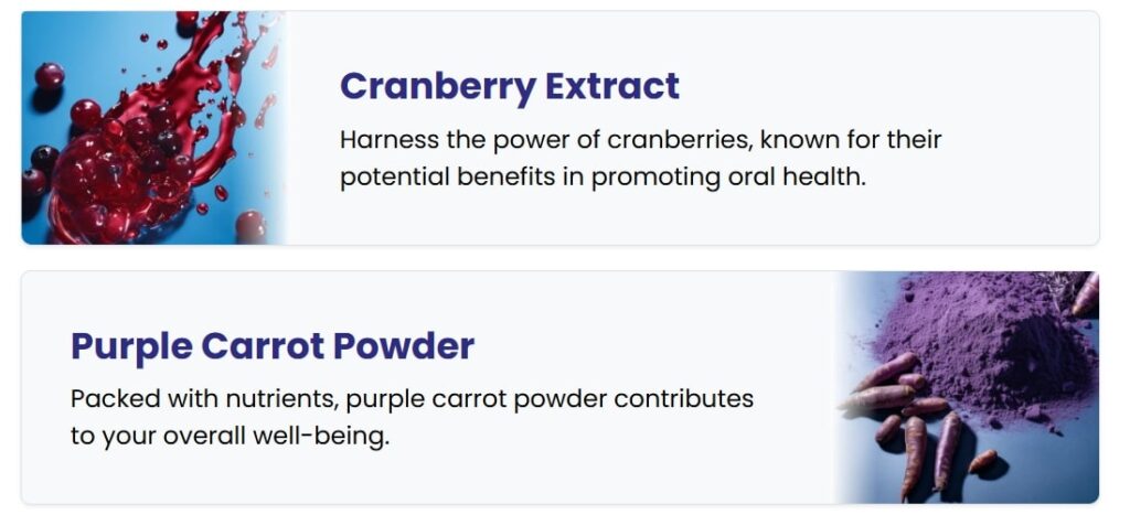 Cranberry extract and purple carrot powder ingredients shown from Provadent Official Website for natural oral health benefits