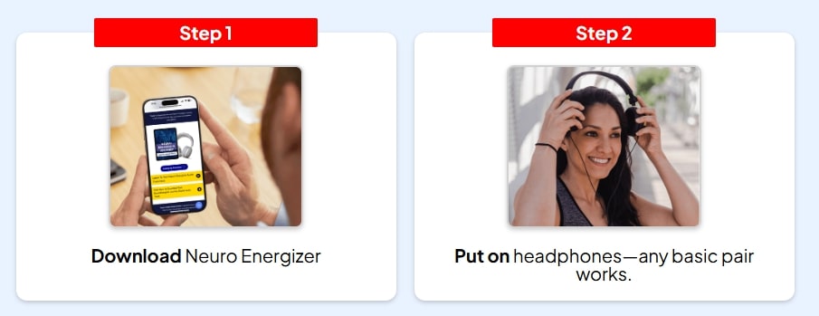 Person using Neuro Energizer brainwave audio on mobile for stress relief and focus
