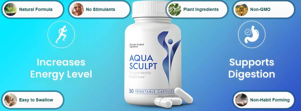 AquaSculpt supplement bottle showcasing quality seals (GMP, etc.) and benefits like increased energy and digestive support for a Balanced Diet for Weight Loss.
