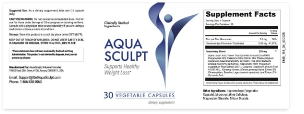 AquaSculpt Supplement Facts panel and ingredient label, providing full transparency on the components that support a Balanced Diet for Weight Loss.