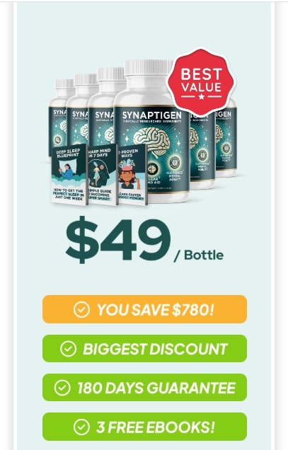 Synaptigen Review price and discount bundle: $49 per bottle offer with 180 days guarantee, emphasizing the best value purchase for the brain supplement.