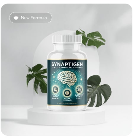 Synaptigen Review image showing the New Formula bottle design for the brain supplement, emphasizing its updated ingredients for better memory and focus.