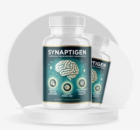 Official product photo of the Synaptigen brain booster bottle with the 'New Formula' badge, used to verify the legitimacy of the product review.