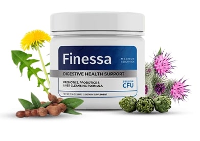 Finessa Probiotics for Gut Health supplement bottle with dandelion and milk thistle plants, highlighting natural digestive support.