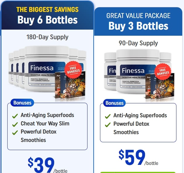 Six and Three bottles of Finessa Probiotics for Gut Health displayed together, highlighting a multi-pack discount for long-term use
