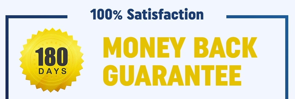 Finessa 180-Day Money-Back Guarantee seal and customer support contact details, assuring risk-free purchase of Probiotics for Gut Health.