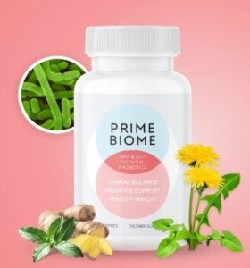 PrimeBiome Review supplement bottle for gut health and skin support promoting clearer, healthier-looking skin