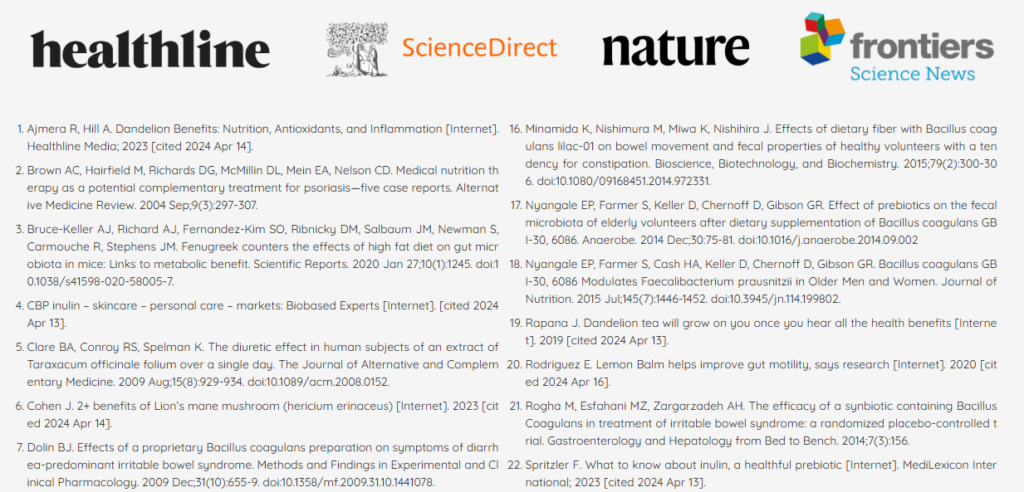 Scientific references for PrimeBiome Review including studies from Healthline and Nature journal