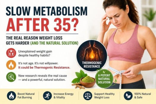 Slow metabolism after 35 infographic showing weight gain causes, thermogenic resistance, and natural fat burning support