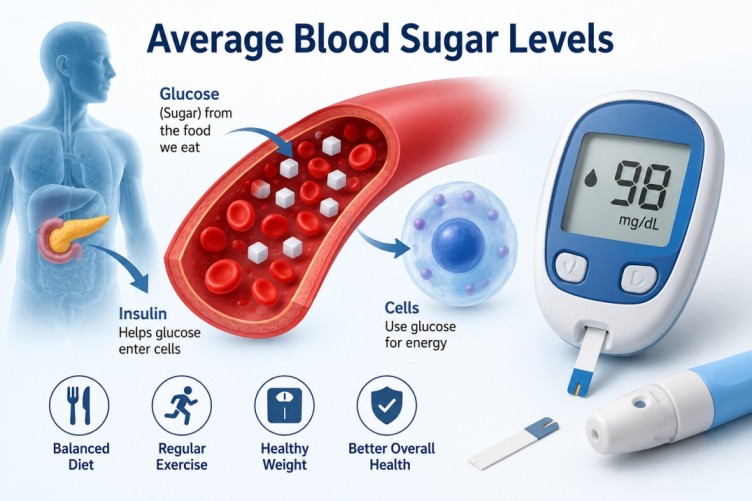 Medical illustration explaining average blood sugar levels, glucose regulation, insulin function, healthy cells, and blood glucose monitoring for better metabolic health.