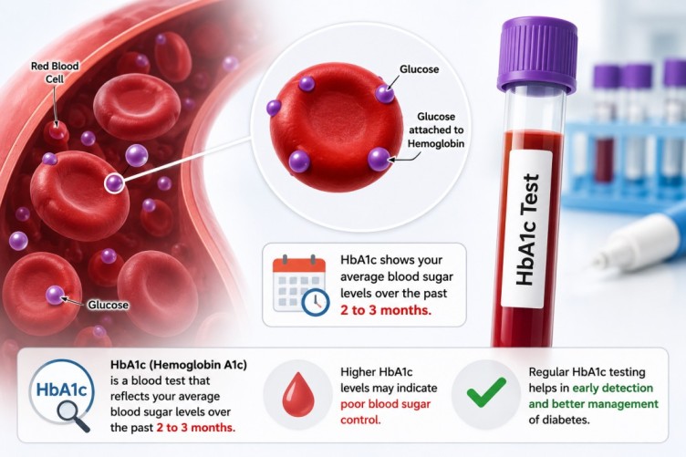 Medical illustration explaining Average Blood Sugar Levels, the HbA1c blood test, glucose attached to red blood cells, and long-term blood sugar monitoring.