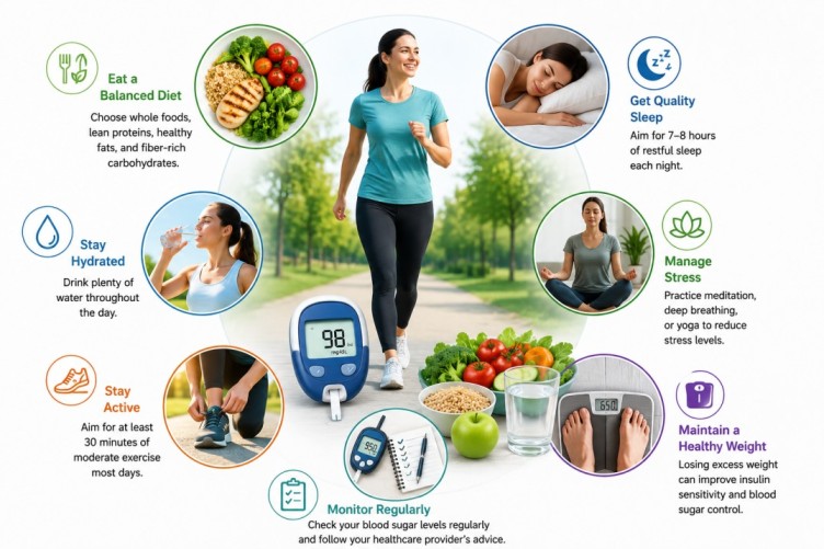 Illustration showing healthy lifestyle habits that support Average Blood Sugar Levels, including exercise, balanced nutrition, hydration, quality sleep, stress management, and glucose monitoring.