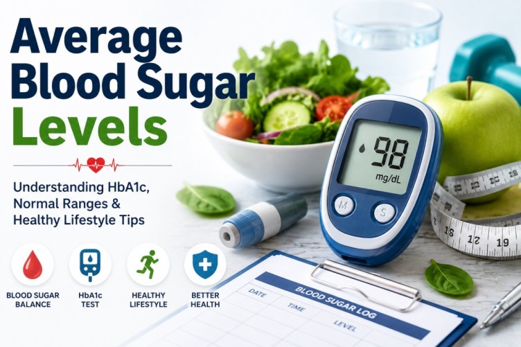 Featured illustration for Average Blood Sugar Levels showing a blood glucose meter, healthy foods, HbA1c testing, and lifestyle habits that support long-term glucose management.