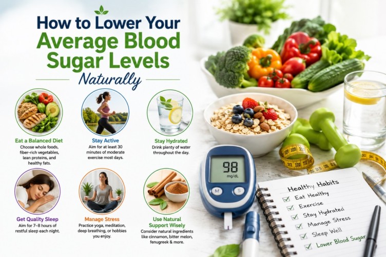 Infographic about Average Blood Sugar Levels showing healthy foods, exercise, hydration, quality sleep, stress management, and healthy lifestyle habits that support long-term glucose management naturally.