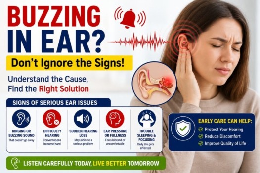 buzzing in ear image showing tinnitus symptoms, ear ringing sound, hearing discomfort, ear pressure, and warning signs of serious hearing issues