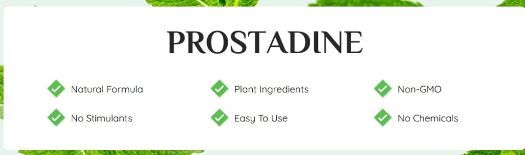 Image showing Prostadine features including natural formula, non-GMO, safe ingredients, easy to take, and no stimulants.