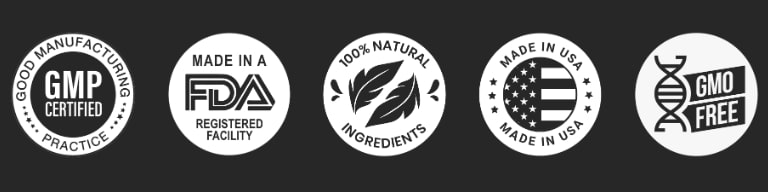 Image displaying Prostadine quality certification badges, including GMP certified, FDA registered facility, non-GMO, made in USA, and third-party lab tested icons.