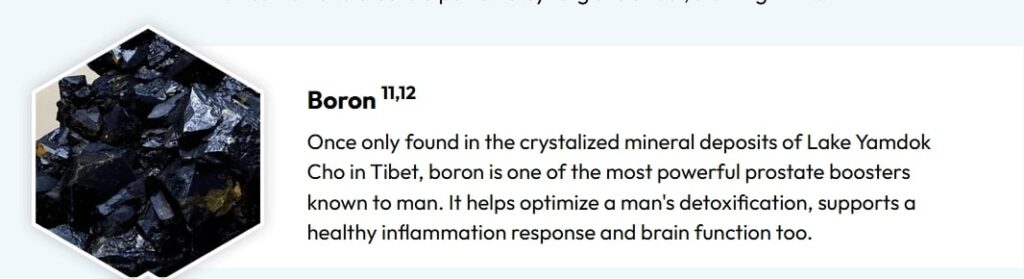 Boron mineral used in natural supplements for prostate health, shown as dark crystallized stones.