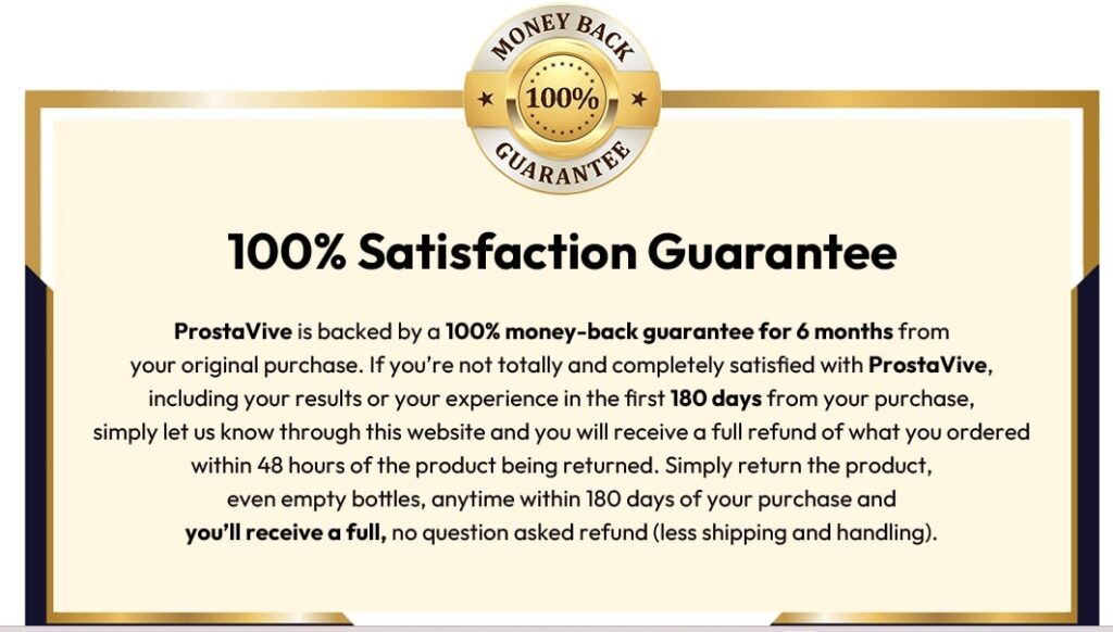 ProstaVive 180-day money-back guarantee seal for natural supplements for prostate health, demonstrating no-risk purchase.