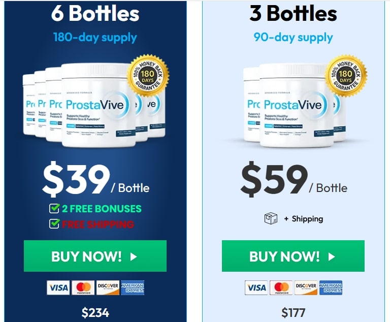 ProstaVive 3 and 6 bottle packages with discount pricing for natural supplements for prostate health.