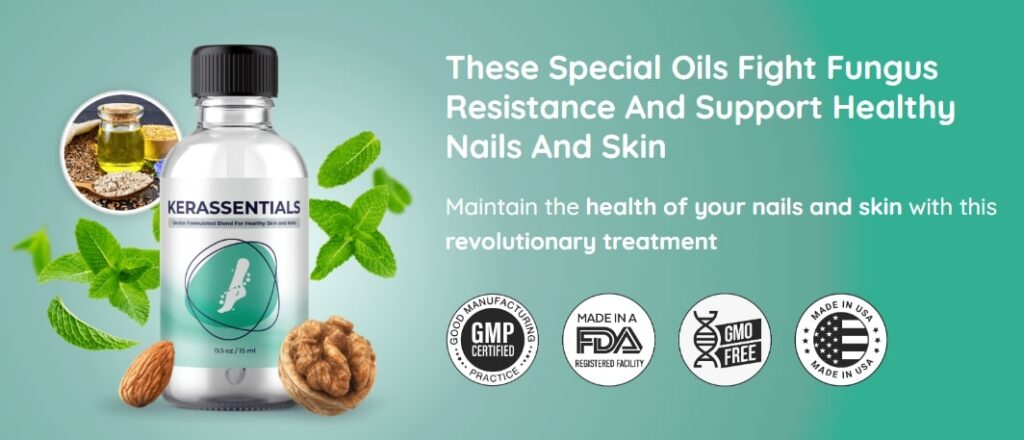 Kerassentials Review image showing the product bottle and clear, healthy toenails after treatment for Onychomycosis.