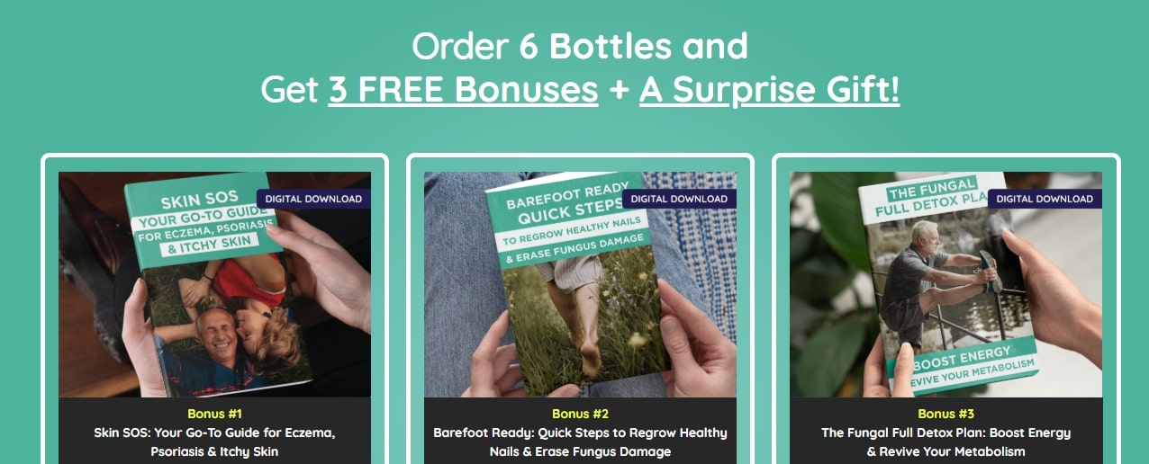 Kerassentials Review image showing the three official website bonus guides included with the bulk discount packages for healthy nails